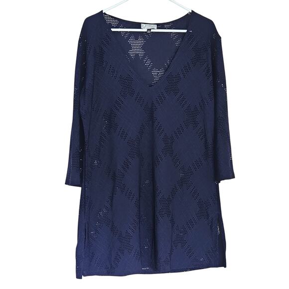J VALDI Swim Cover Up Navy Blue Mesh sz L EUC - Picture 1 of 7
